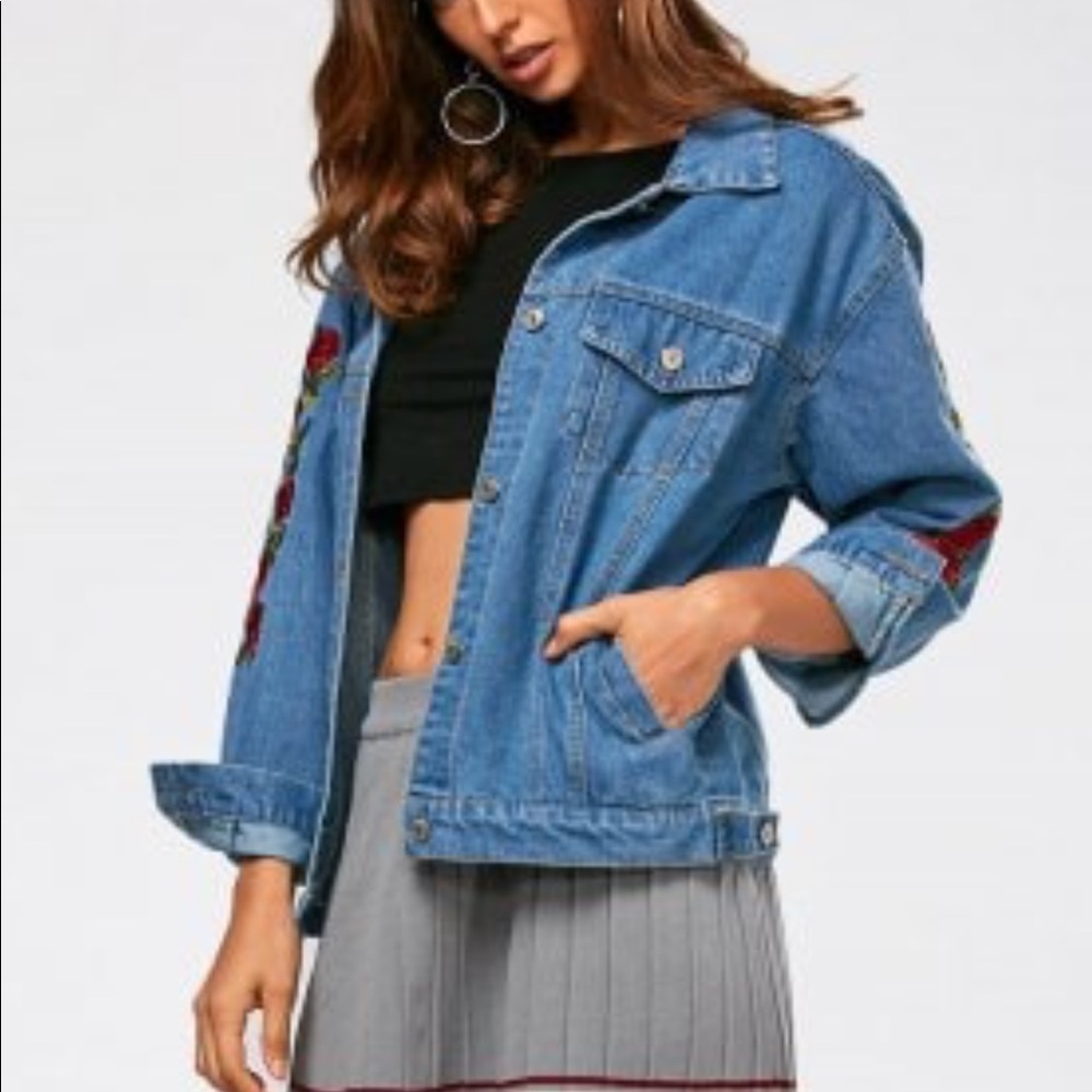 Rose embroidered jean jacket